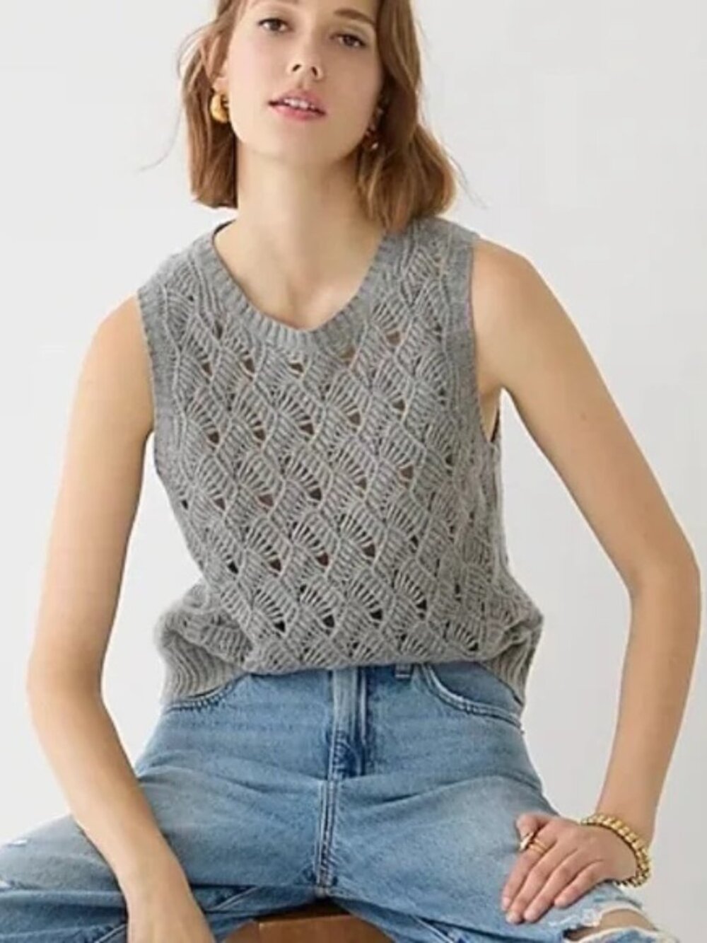 J. Crew Cashmere Pointelle Sweater Shell M Heather Gray Sleeveless Vest Slipover